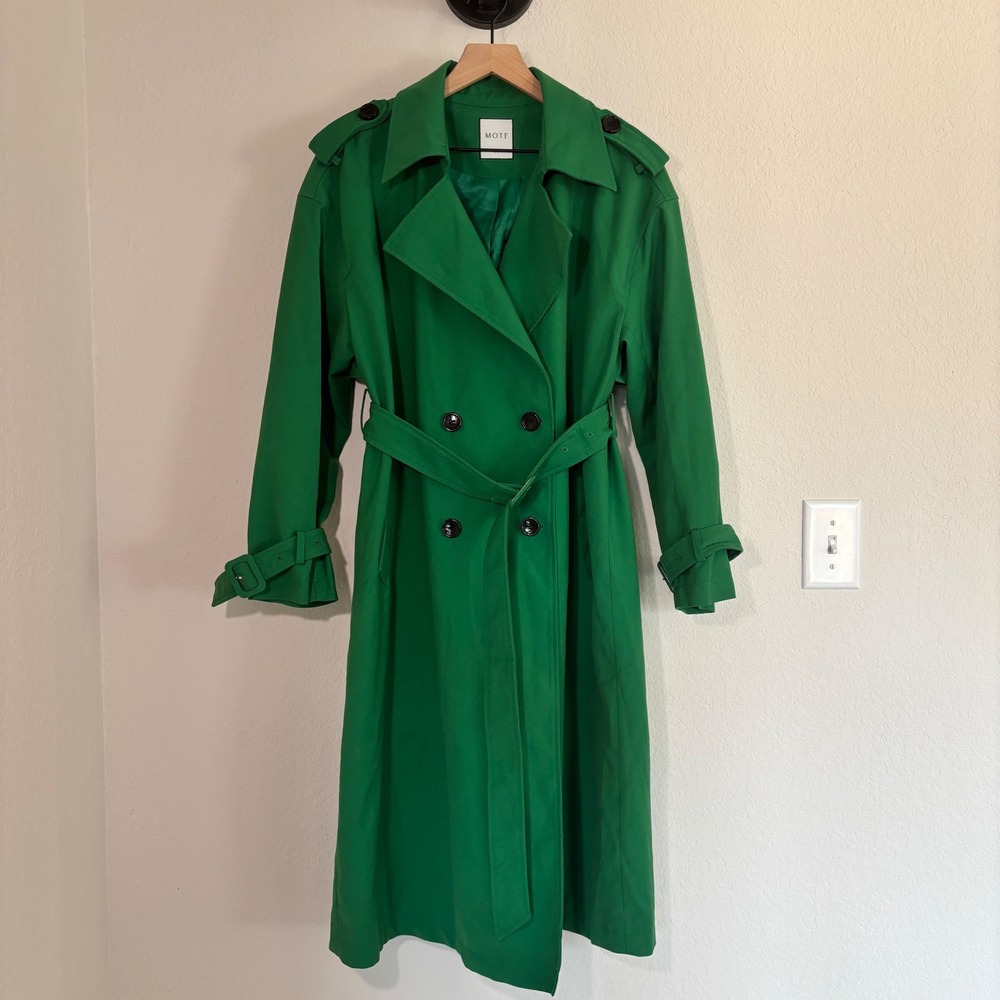 MOTF Trench Coat Double Breasted Medium Belted Green Vibrant Professional